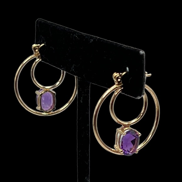 14k Solid Gold Amethyst Double Hoop  Earrings - Picture 11 of 15